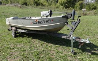 14 Ft Semi V Bottom Aluminum Fishing Boat Trailer w Electric Trolling 