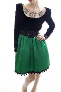 Vtg 80s En Francais Nieman Marcus Party Dress Black Velvet Top Green 