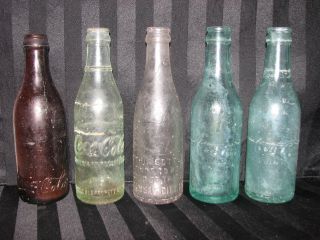 Vintage Old Coca Cola Coke Bottles Set of 5 Colors Amber. Lilac 
