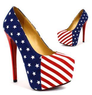 44W Womens Ladies High Heel American Flag Platform Pumps Court Shoes 