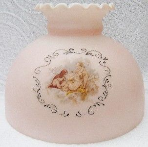 Victorian Cherub Oil Lamp Shade Pink Glass 10 Angels Ruffled Top 