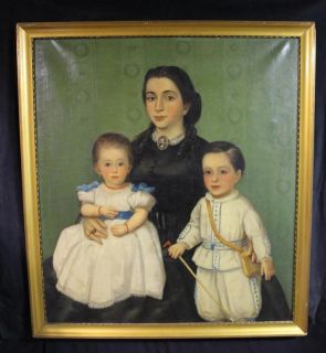19thC Antique American Folk Art Portrait Painting Mother Sister 
