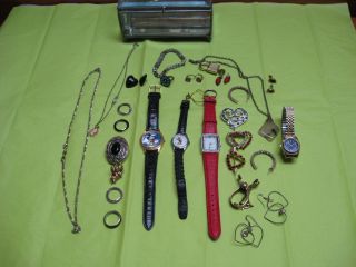 Jewerly Lot Mickey Mouse watches S A L ear rings Vintage Avon compact 