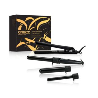 Amika 3P Set With Straightener Interchangeable Curling Iron Barrels 