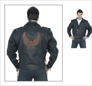 Mens Leather Biker Motorcycle Jacket American Eagle Emb