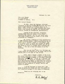 Amos Alonzo Stagg Typed Letter Signed 02 25 1952
