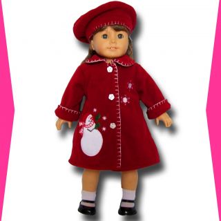Doll Clothes Fit American Girl Red Fleece Coat and Hat Beret Set 