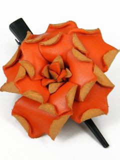 Leather Amaryllis Flower Hair Clip Barrette Bow DEA2 Orange