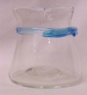   Angelo Rossi Blown Art Glass Vase w Applied Blue Ribbon Impressed R