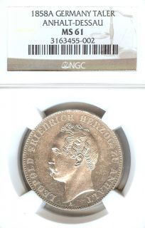 Germany Anhalt Dessau 1858 A Taler Coin Thaler NGC MS 61 Davenport 509 