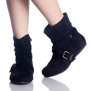 Flat Ankle Boots Black Slouch Buckle Comfort Faux Suede Womens Booties 