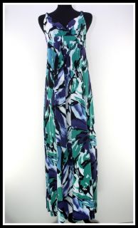 Ann Taylor Size M Watercolor Black Aqua Blue Stretch Jersey Knit Long 