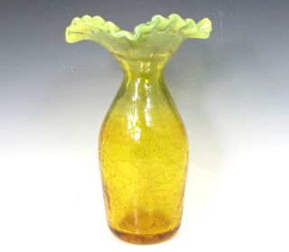 Vintage Blenko Ruffled Vase Jonquil Yellow Opalescent Crackle Glass 