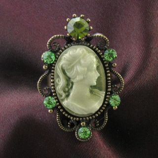 Antique Gold Vintage Style CAMEO Ring Lady Emerald Green Stone Crystal 