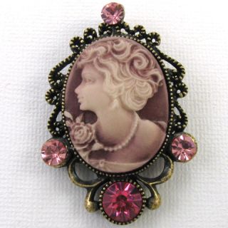 Antique Style Fuchsia Pink Cameo Pendant Pin Brooch PC2