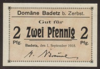 GERMANY 2 pf BADETZ / Anhalt 1918 VERKEHRSAUSGABEN domane NOTGELD (b45 