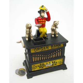   Monkey Cat Dog Organ Bank Antique Replica Mechanical Coin Bank