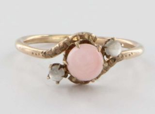 Antique Victorian Rose Gold Coral Moonstone Ring Vintage Fine Jewelry 