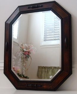 Antique Oak Jacobean Wood Frame Beveled Glass Mirror
