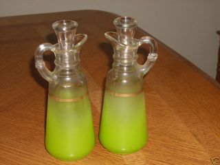 Vintage Anchor Hocking Oil Vinegar Cruets Green Frosted Glass Nice 