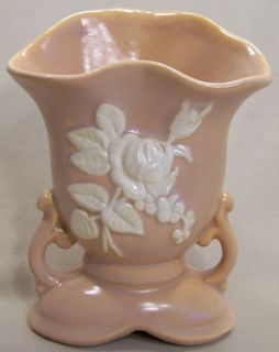 Vintage Weller Pottery Peach Cameo Rose Vase w Handles