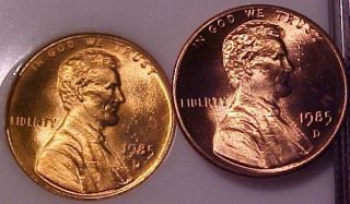 1985 D Brass Plating Error Lincoln Cent Super Gem Uncirculated 
