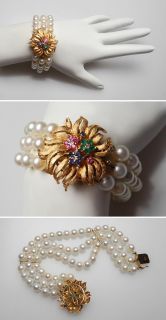 Vintage Three Row Pearl Bracelet Solid 14K Gold, Emerald Ruby Sapphire 