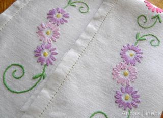 Vintage Linen Traycloth Hand Embroidered Pink Purple Flowers