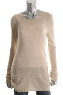 Aqua New Tan Cashmere Ribbed Trim Ruched Long Sleeve Pullover Sweater 