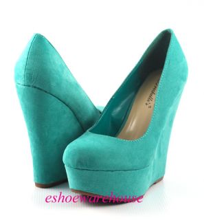 Aqua Sea Green Faux Suede Awesome Hot Look Tower Wedge Platform Pumps 