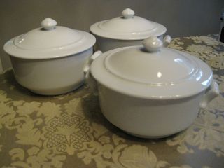 Set of 3 Apilco White Porcelain France Individual Casseroles with Lids 