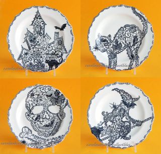 222 Fifth Wiccan Lace Appetizer Plates Set of 4 Halloween Designs 