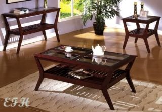 New 3pc Arcata Glass Dark Cherry Wood Coffee Table Set