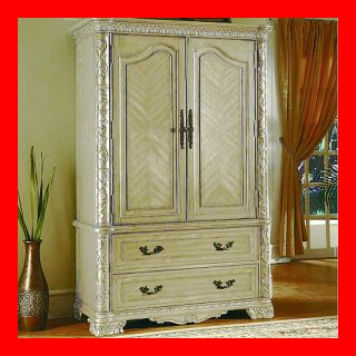    Formal Antique White Color Wood TV Armoire Only Bedroom Furniture