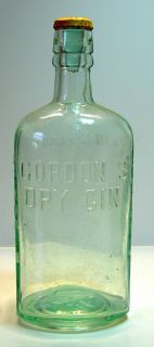 Antique Gordons Dry Gin Bottle Aqua w Glass Stopper CA 1913 1920 REGD 