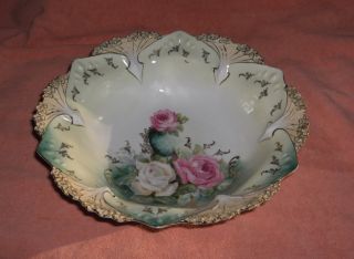Antique RS Prussia China Bowl Pink White Roses White Arrows Gold 