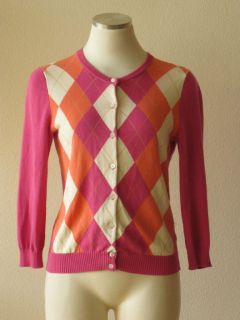 Crew Pink Cotton Argyle Print Crewneck Cardigan Sweater S