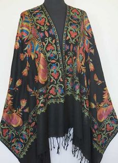   Crewel Embroidered, Black, Wool, India Shawl. Kashmir, Ari Embroidery