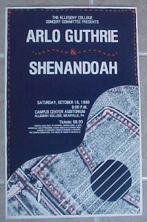 1980 Meadville Pennsylvania Arlo Guthrie Shenandoah concert poster 