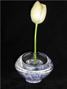 Art Glass Single Flower Frog Paper Weight Blue White