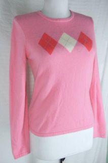 Lands End 100 Cashmere Argyle Pink Preppy Pullover Sweater s 4 6 