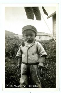 Small Fry Unalaska Real Photo Postcard Boy in Jughead Hat Smoking A 