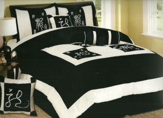 13pc Comforter Set Black and White Asian Print Blk WT King 45 w Free 