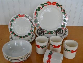 16 Pc Vintage ARCOPAL FRANCE Holly & Bow Christmas/Holiday Dishes