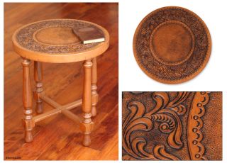 Colonial Artisan Stylized Floral Hand Tooled Leather Hardwood Accent 