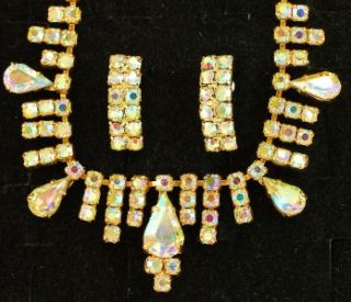   Vintage Aurora Borealis Prong Set Rhinestone Necklace Earrings