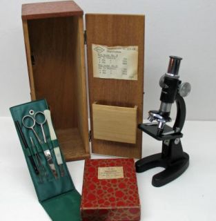 Vintage Atco 1374 DK Student Microscope and Wood Case Box Slides Tools 