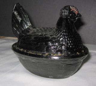 atterbury 5 black hen on nest glass covered dish mouseover to enlarge