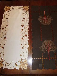 Table Runner Embroidered Cutwork Linen Fall Leaf Autumn Trees 