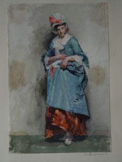 Augusto Bompiani Watercolour Full Length Portrait of A Young Woman 